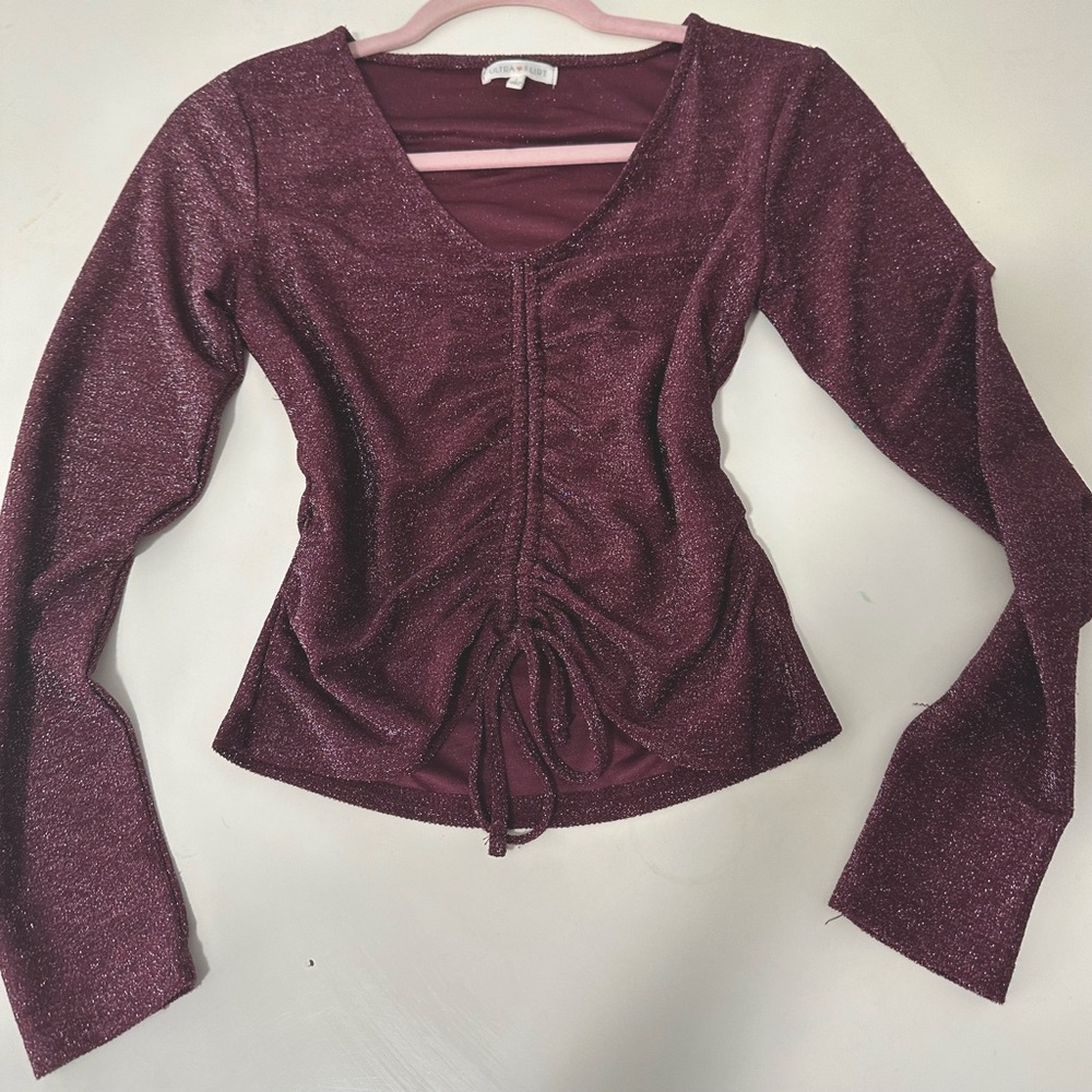 Ultra Flirt Magenta Sparkly Tie Long Sleeve Blouse